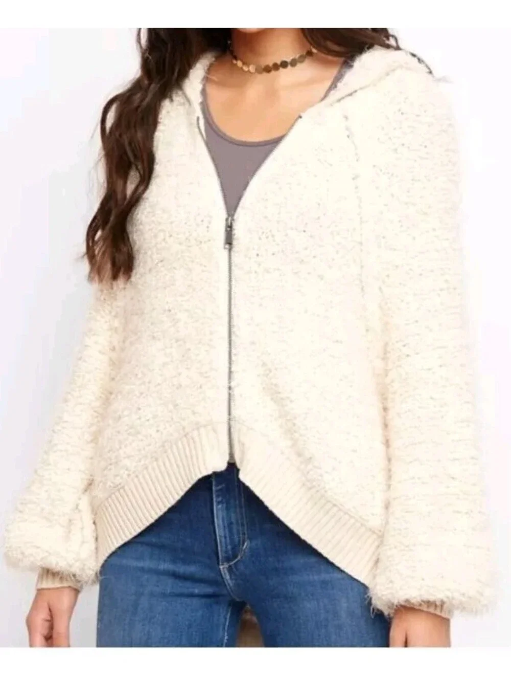Free People Medium Ivory Furry Time Boucle Hooded Jacket Sweater Soft Beige